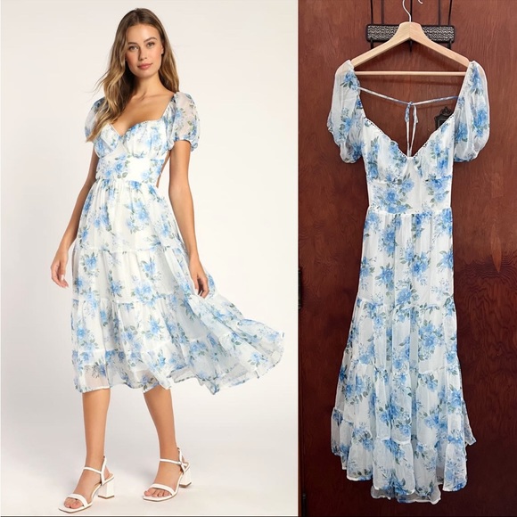 White and Blue Floral Puff Sleeve Bustier Backless Midi Dress 🌿 - Picture 3 of 13
